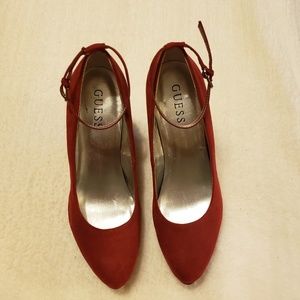 Guess Red Suede Wedge With Ankle Strap - Size 7M